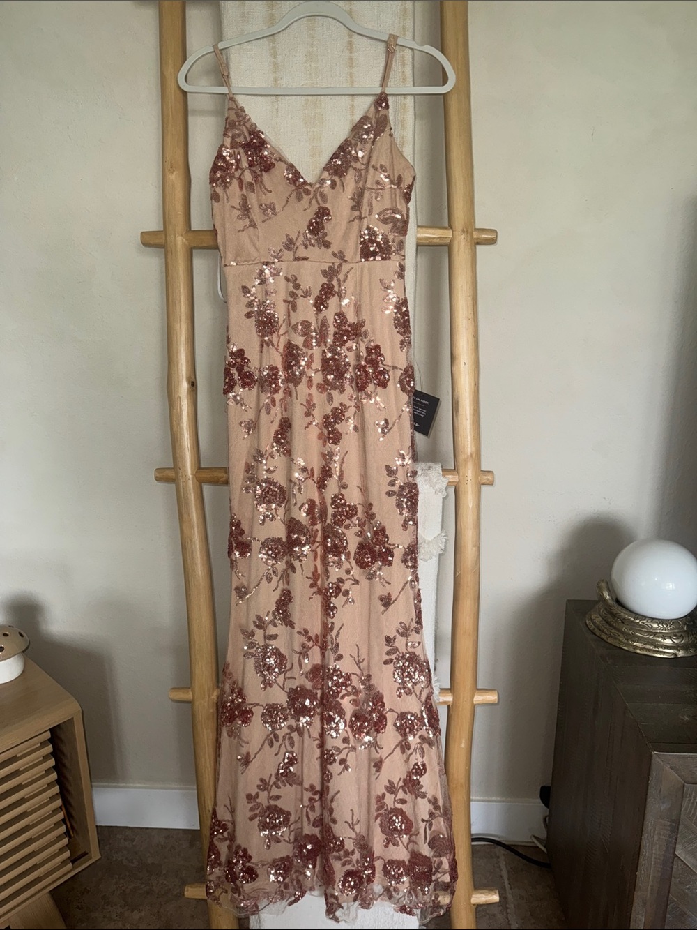 Lulu's Rose-Gold Sequin Floral Maxi Dress in Blush